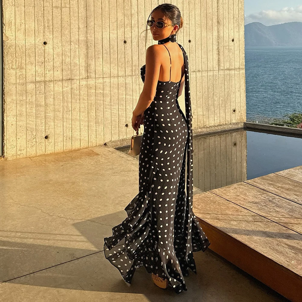 Tuularose Elegant Polka Dot Long Dress Summer Scarf Ribbon Ruffle Halter Pleated Dress Luxury Sleeveless Women's Evening Dresses