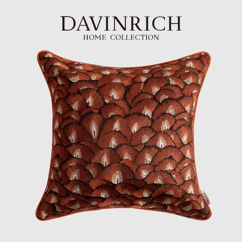 DAVINRICH Decorative Pillow Case Retro Brick Red Geometry Embroiery American Sofa Cushion Cover Restoration Hardware Style Decor