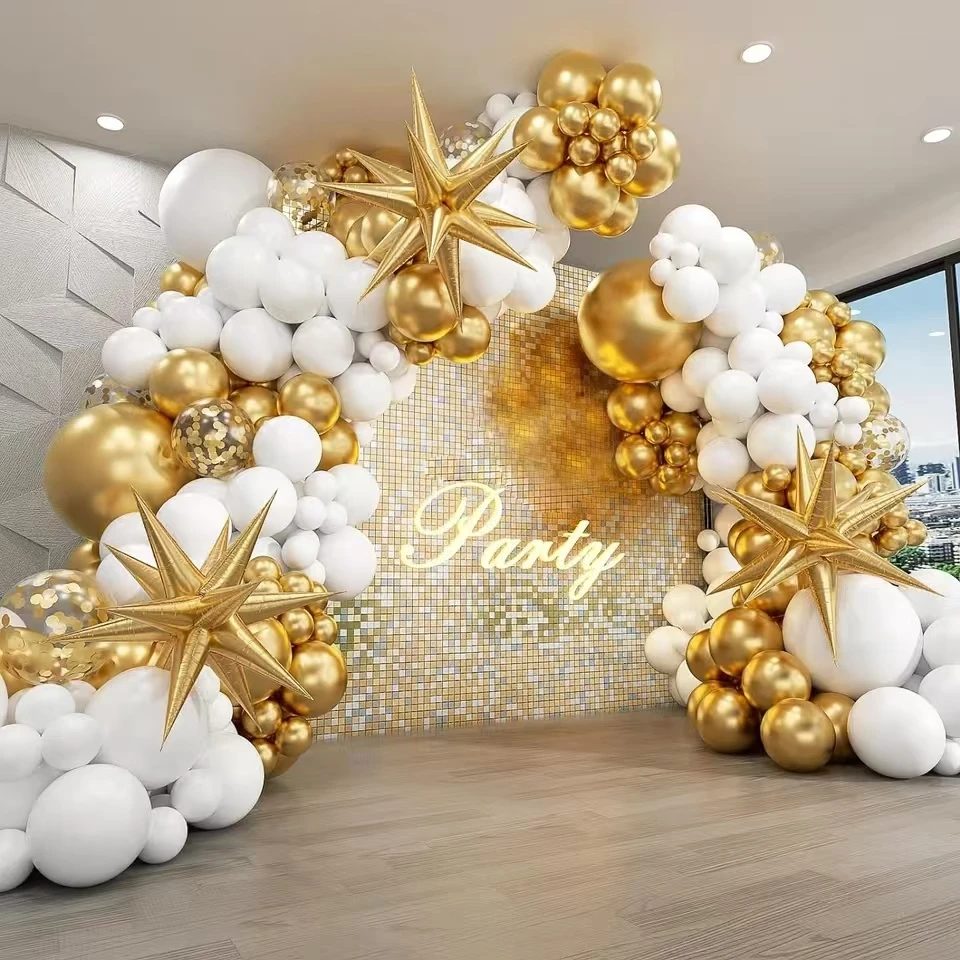 125pcs White and Gold Balloons Garland Arch Kit Starburst Foil Balloons For Wedding Anniversary Birthday Party Decorations