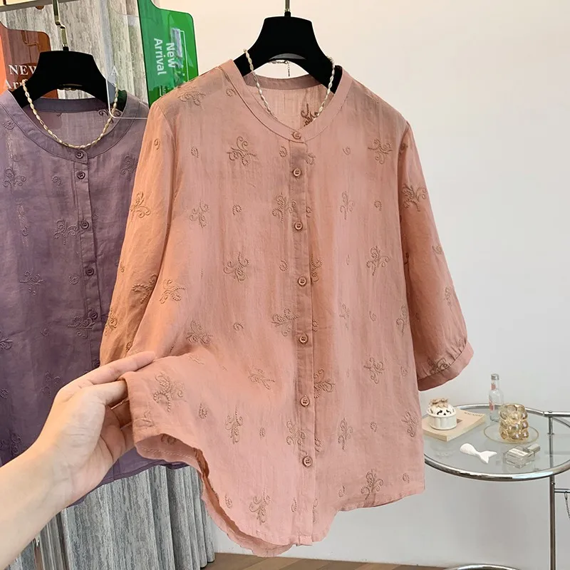 

Retro Embroidered Cotton Linen irt Women's Single Button Seven Sve irt Breathable Moisture ng Loose Fit Top