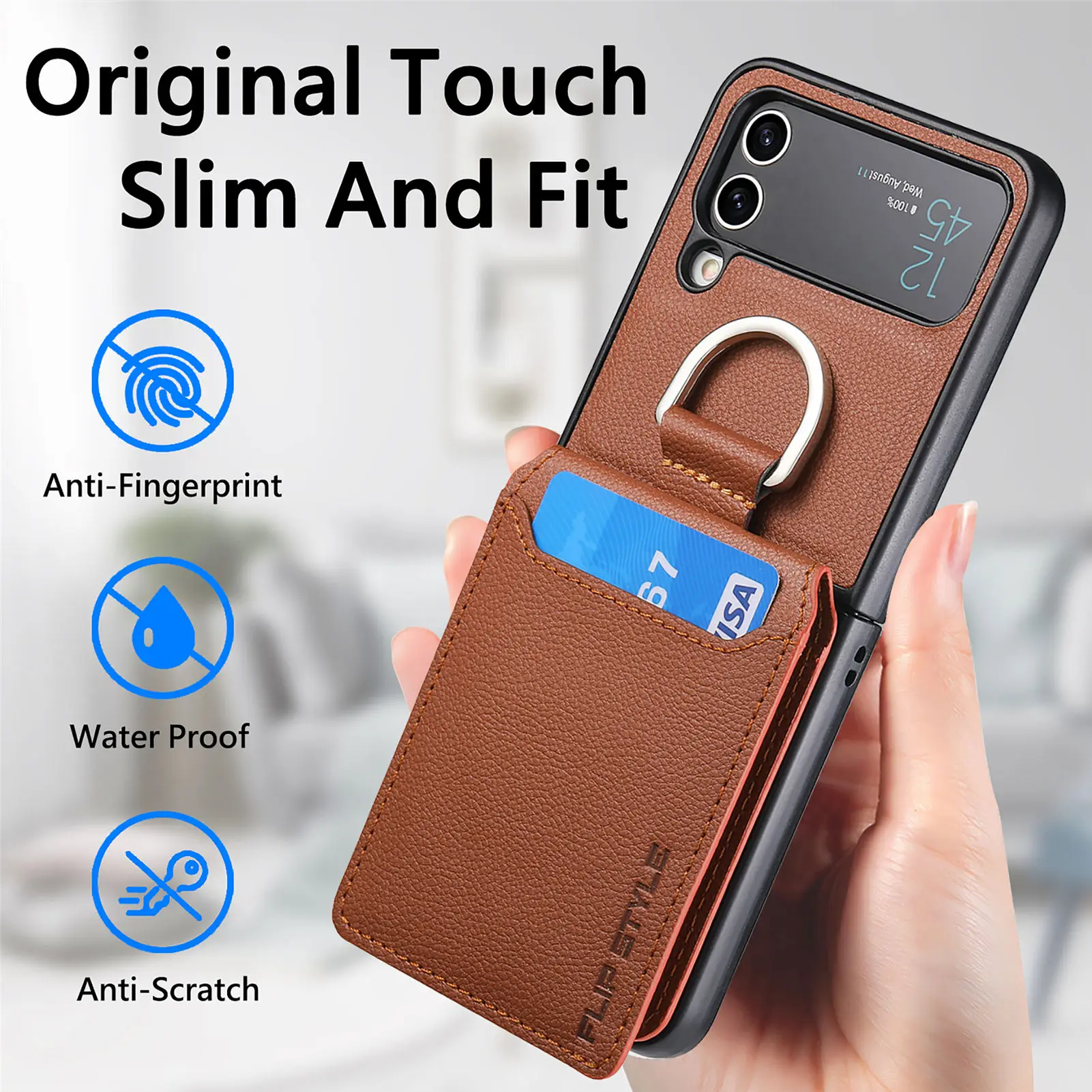 Wallet Phone Case For Samsung Z Flip 4 Finger Ring Card Holder Stand Shockproof Lychee Pattern PU Leather Cover For Z Flip 2 3 5