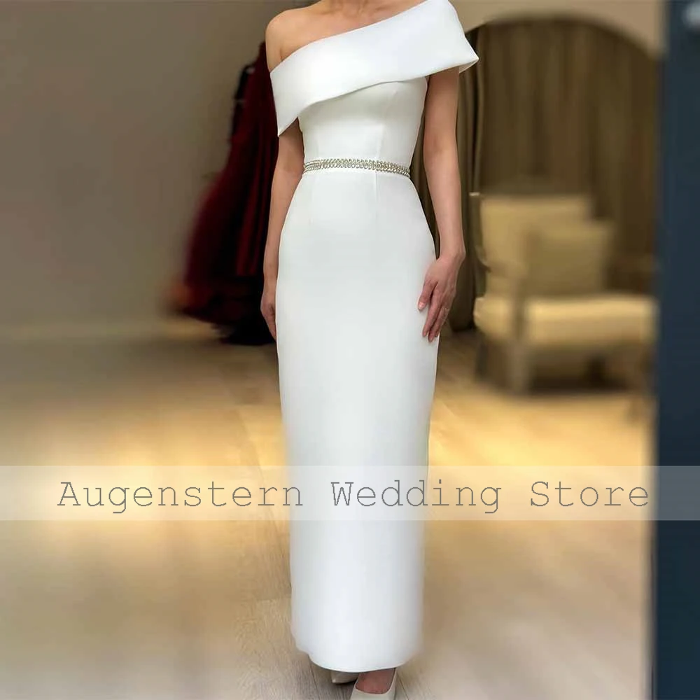 Classic Hall Wedding Dresses Maxi 2026 Satin Sheath Engagement Dress White Off-the-shoulder Detachable Rhinestones Bridal Gown