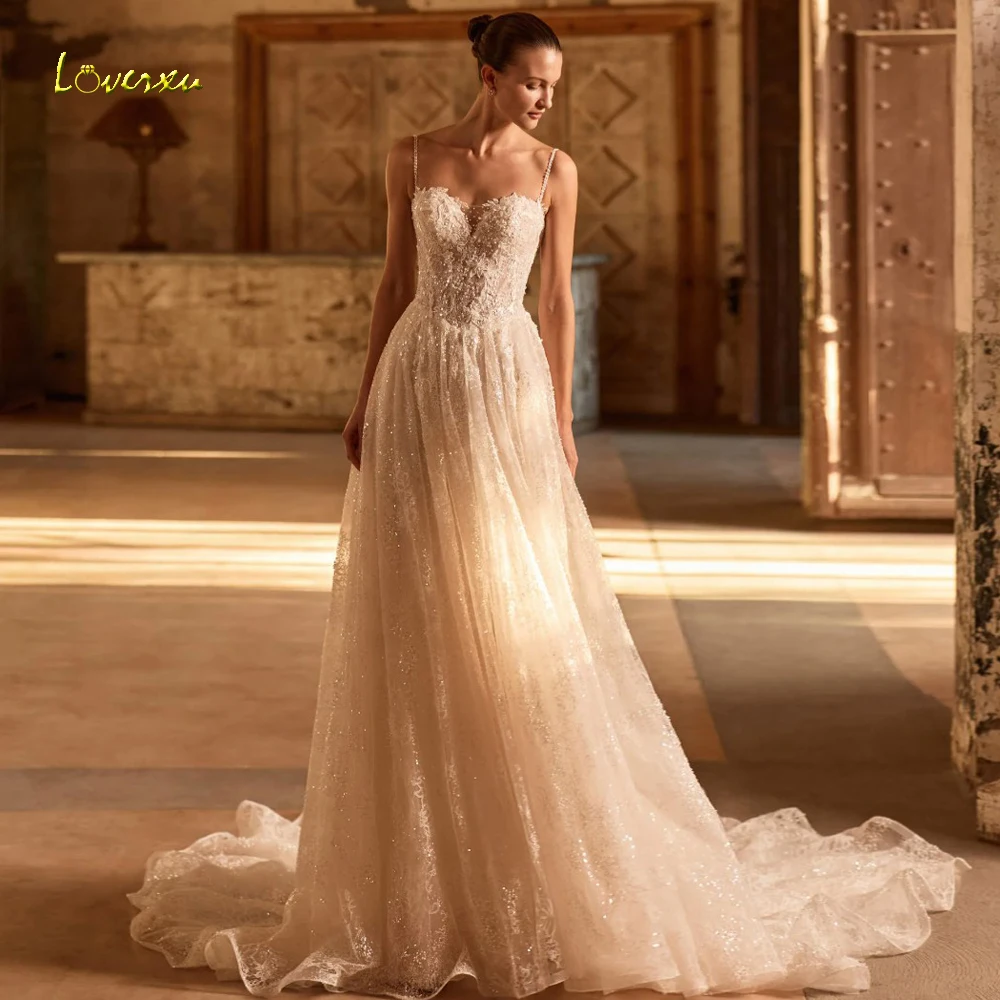 Loverxu A-Line Luxury Wedding Dresses Spaghetti Strap Vestido De Novia Lace Embroidery Glitter Graceful Custom Made Bridal Gown
