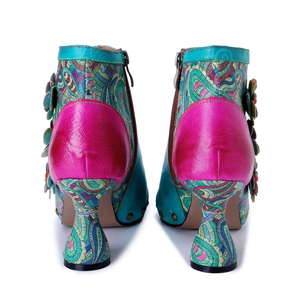 Careaymade-Handmade Embroidered Flower High-heeled Sandals Summer Retro decal splice Genuine Leather Peep Toe Women's Shoes