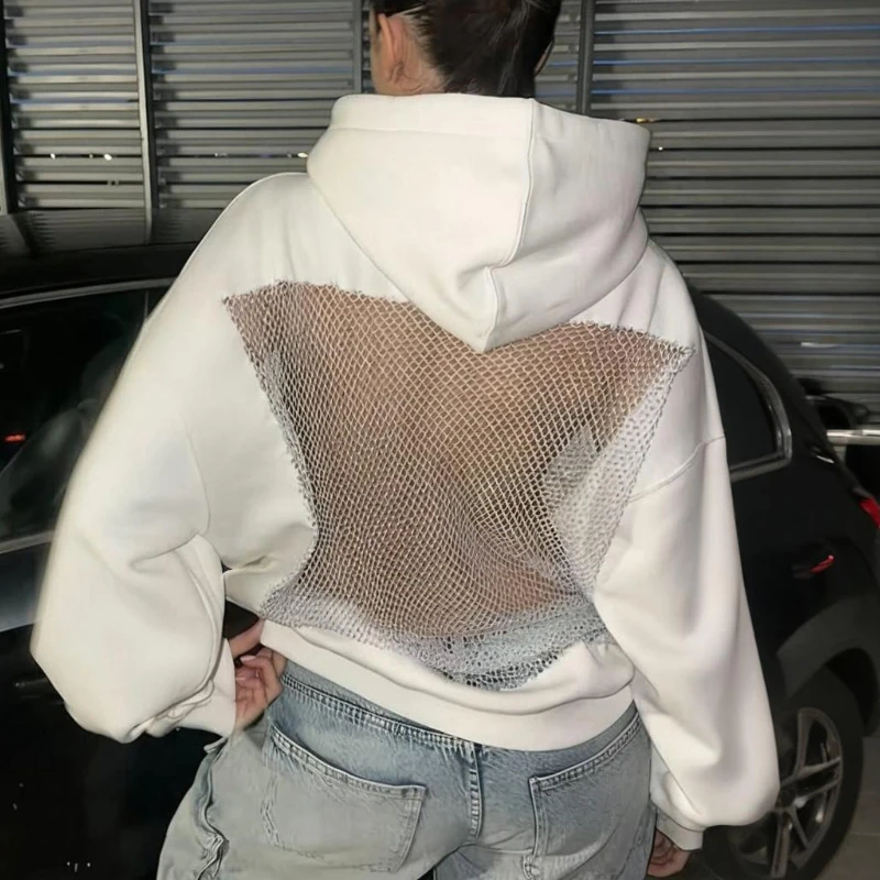

TARUXY Sexy Perspective Mesh Hoodies Sweatshirt Women's Hollowing Loose Spliced ​​Long Sleeves Autumn Winter High Street Hoodie