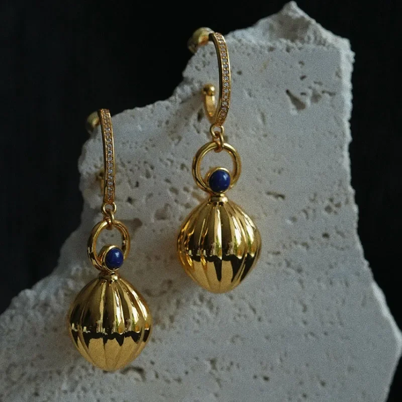 

Nutmeg series original design retro artistic lapis lazuli earings long Ancient gold crafts glossy earrings for women jewelry