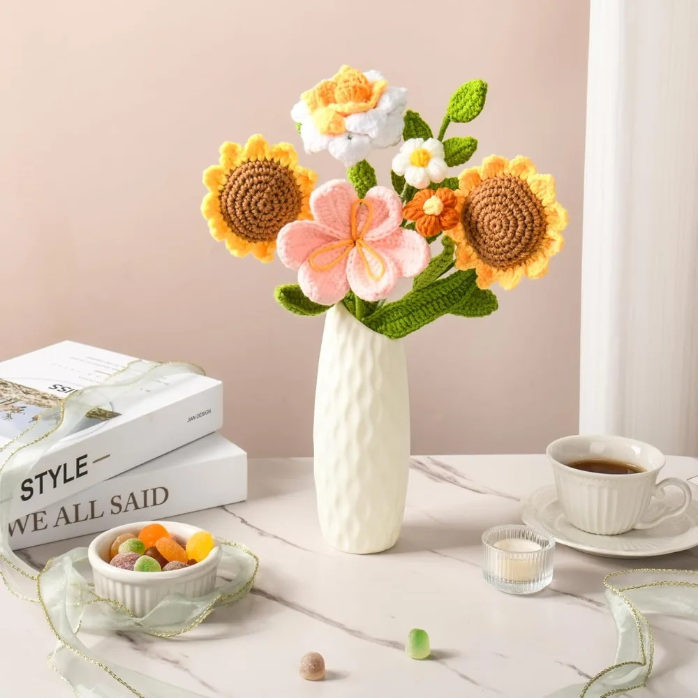 باقة زهور كروشيه هدايا زهور كروشيه مصنوعة يدويًا، ورود كروشيه توليب عباد الشمس 7 قطع لعيد الأم وحفلات الزفاف وأعياد الميلاد #6