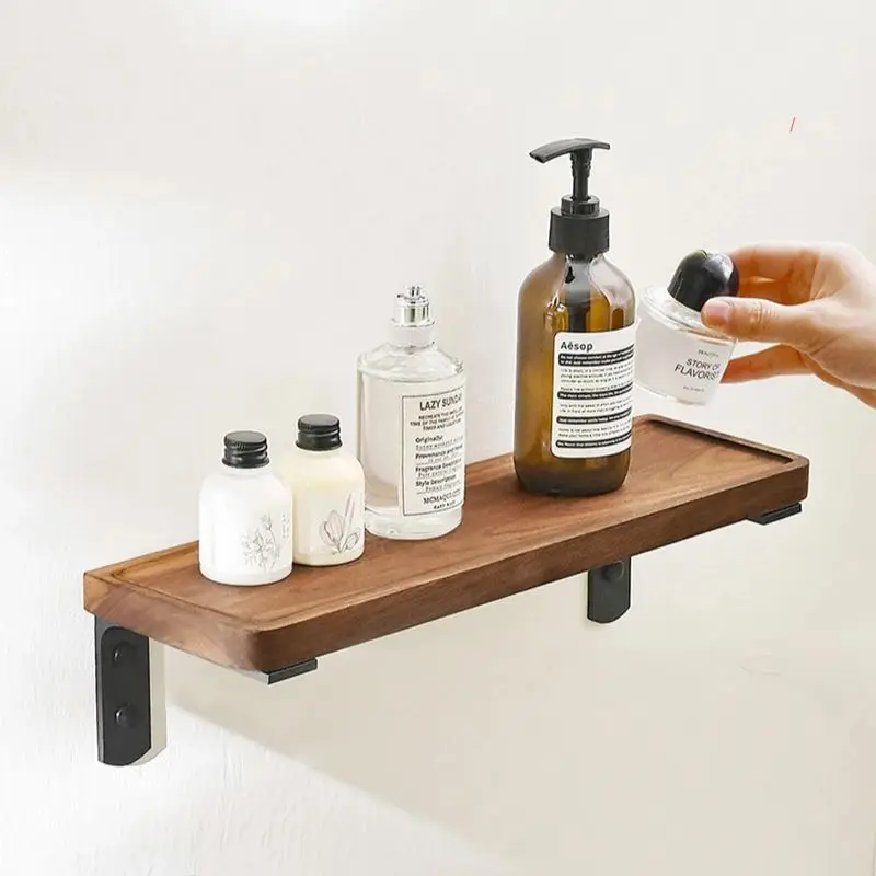 Imagem -02 - Alumínio Wall-mounted Shower Storage Rack com Rod Walnut Bathroom Shelf Shampoo Organizer Toalha Holder Black