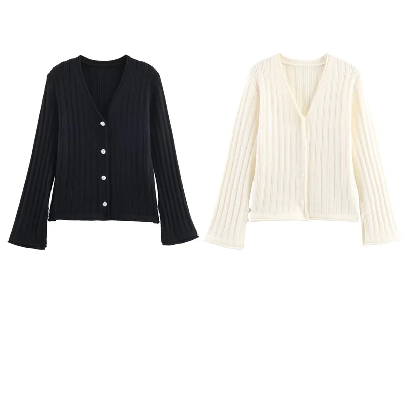 Cappotto da donna Nuovo stile per l'autunno 2025 Giacca cardigan in maglia semplice con maniche svasate tinta unita Moda casual