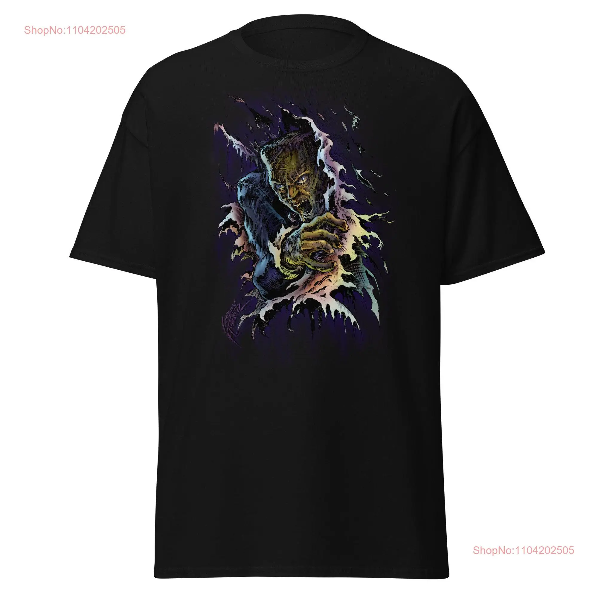 Frankenstein Ripping Through T Shirt Awesome Halloween Art by Landon Huber in multiple colors and sizes