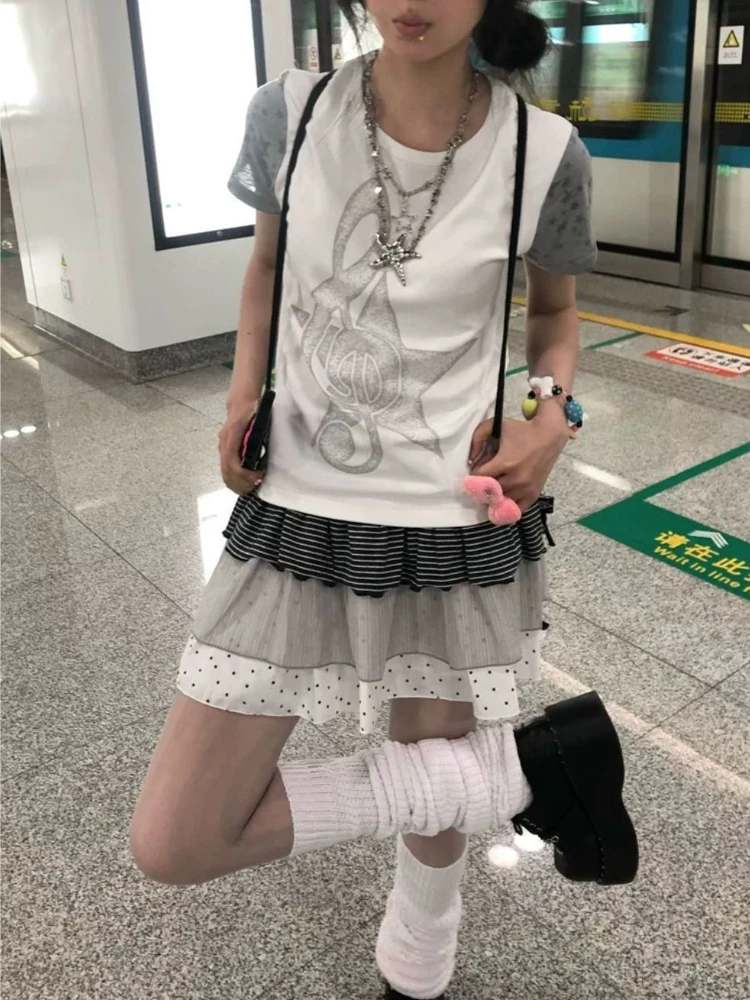 Y2k American Vintage Short Sleeve Note Print T-Shirt Women Streetwear Black & Gray Patchwork Top Subculture Retro Spring Summer