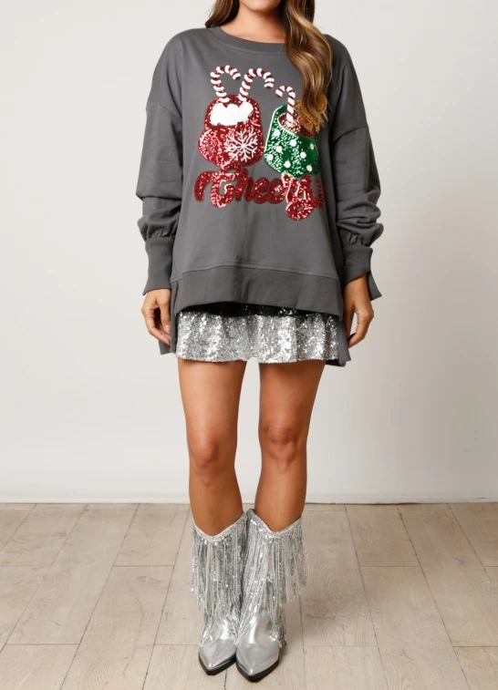 Christmas candy cup sequined hoodie casual loose top for women