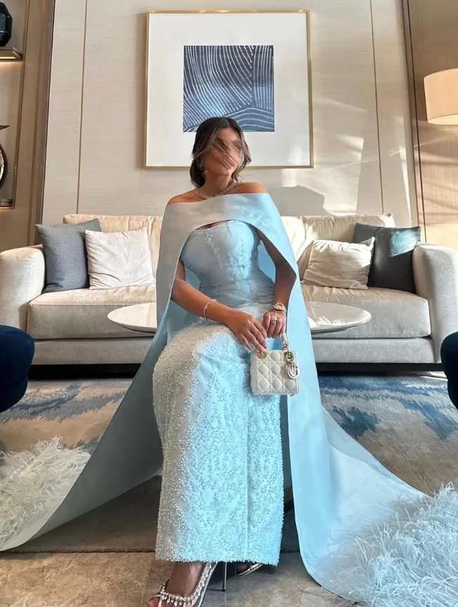 맞춤형 고품질 바닥 길이 끈이 없는 지퍼 스윕 트레인 캡 슬리브 기능 파란색 Gece Elbisesi Düğün ชุดงานพรอม