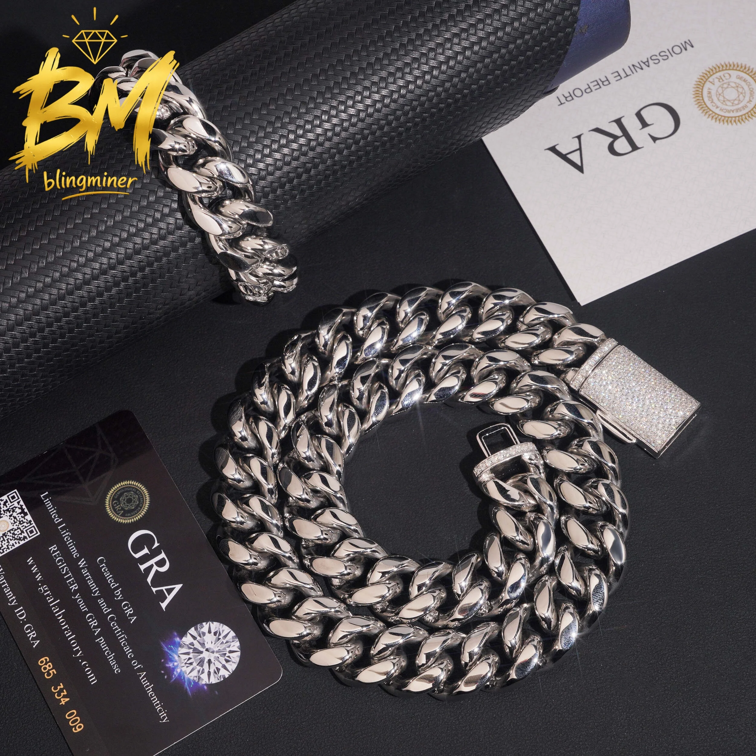 Blingminer 18MM Stainless Steel Moissanite Chain VVS Moissanite Clasp Cuban Link Chain For Men Jewelry Pass Diamonds Tester GRA