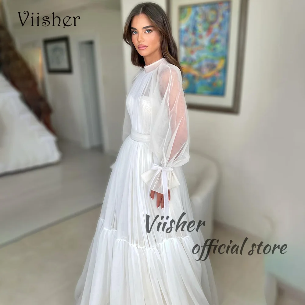 Visher weiß eine Linie Brautkleider Langarm drapiert Tüll elegante Braut Kleid schicke Strand Hochzeit Brautkleider angepasst