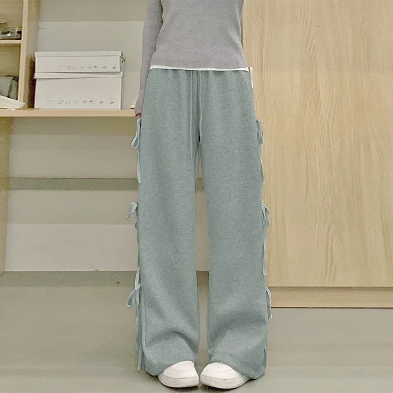 

Pop Gray Casual New Bow Design Super Sweet High Waist Slim Wide Leg Pants