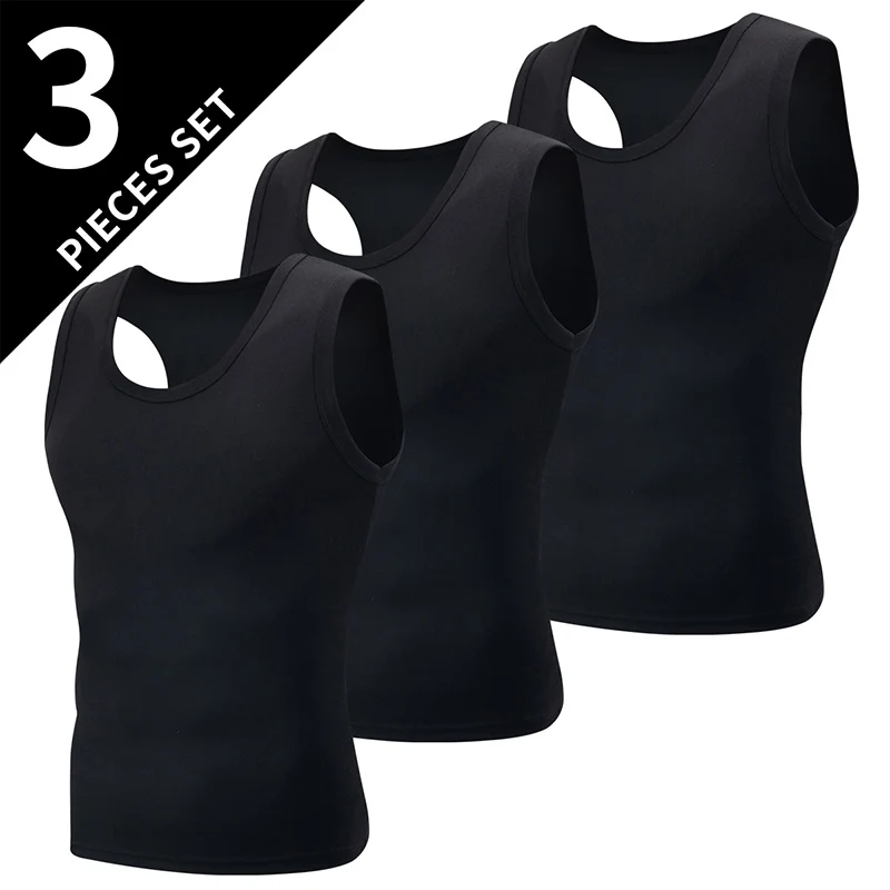 3-Piece Men's Sports Bottoming Wide Shoulder Vest Solid Color Classic Four Seasons Joker Sleeveless Slim Vest Youth Fitness Runn