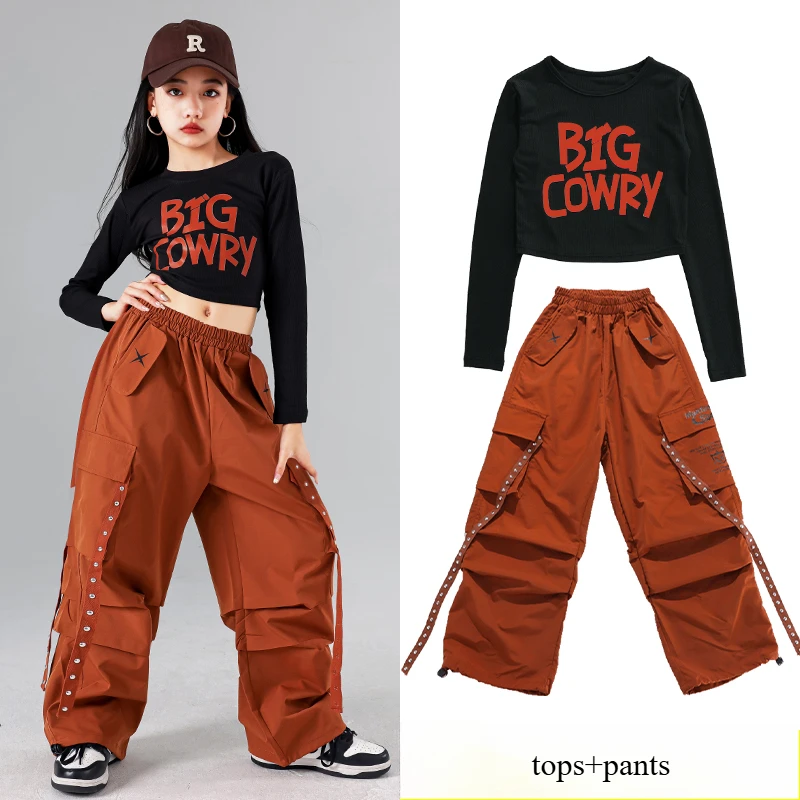 بدلة رقص الجاز للأطفال ملابس علوية سوداء لون الكرمل سراويل طويلة ملابس ممارسة الهيب هوب موضة المرأة مجموعة الرقص المشجع