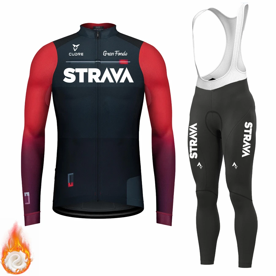 STRAVA Cycling Clothing Man Winter Thermal Fleece Men Mtb Men\'s Male 2024 Jersey Team Laser Cut Blouse Sports Set Triathlon Suit