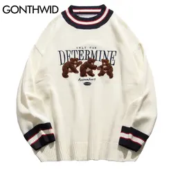 GONTHWID-Pull patchwork rayé ours pour hommes, pulls streetwear hip hop Harajuku, pull décontracté, tricots à la mode