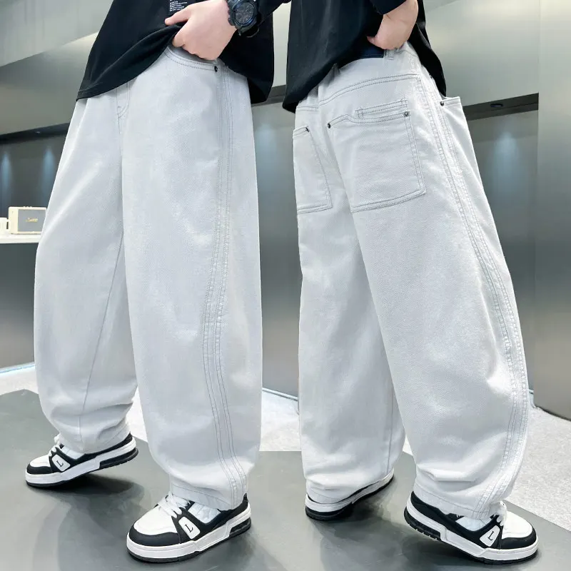 

New Stylish Children White Baggy Jeans For Teens Boy 2025 Wide Denim Pants Kids Luxury Silver Jeans Trousers 5 7 9 11 13 14 T