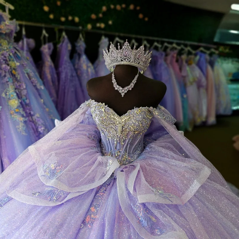 

Shiny Lavender Quinceanera Dresses Off the Shoulder Crystal Sequin Decal Layering Long tail Vestido De 15 Quinceanera Customize