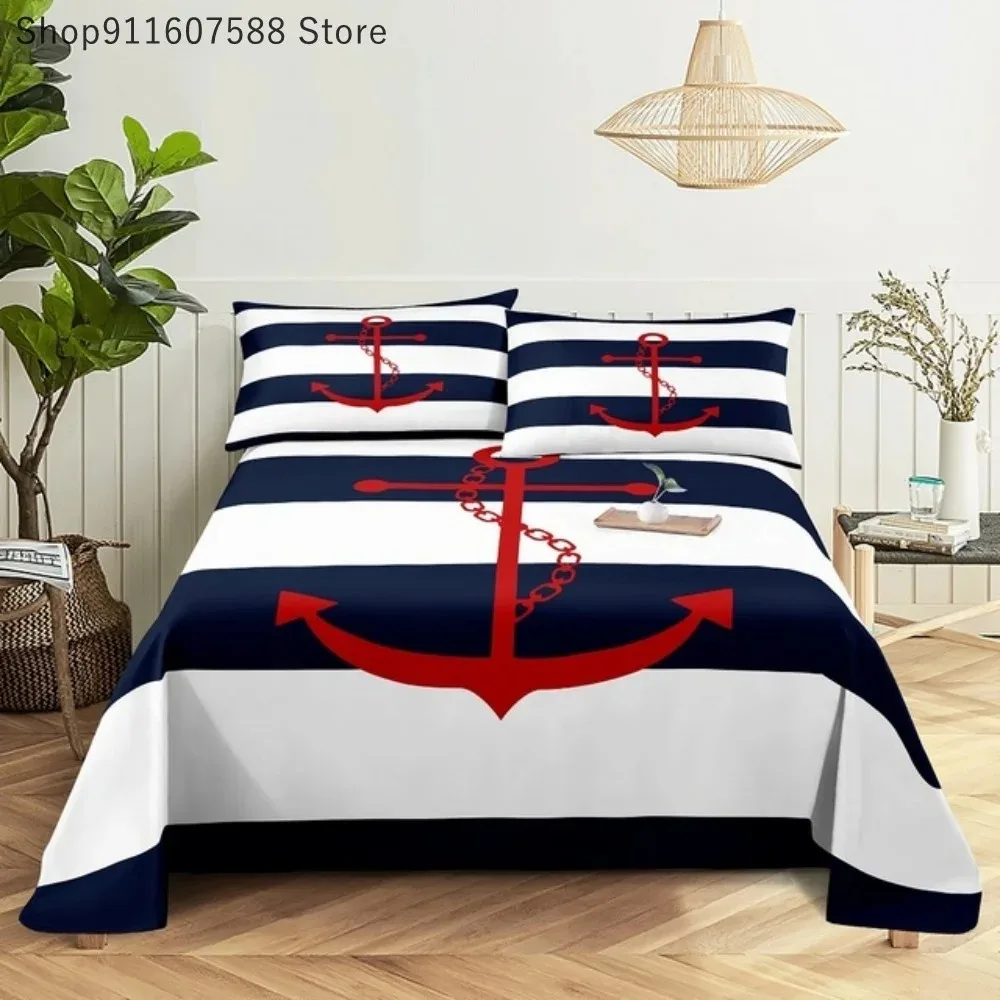 

Boat Anchor Blue And White Stripes Bed Sheet Set 3D Printed Navy Bed Flat Sheet With Pillowcase Bed Linen King Queen Size