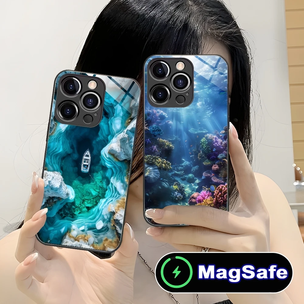 Beach Ocean Nature Mobile Cell Phone Case for iPhone 16 15 14 13 12 11 Pro Max Plus Mini MagSafe Wireless Charging Glass Cover