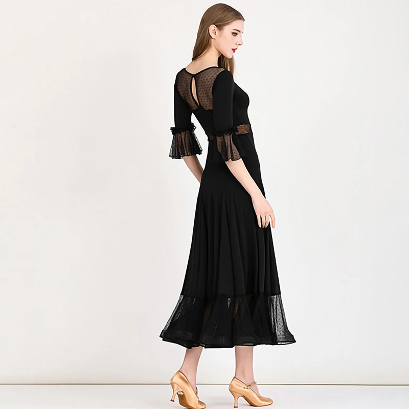 Ballroom Dance Ballroom Dance Dress Standard Wine Red Black Elegant Middle Sleeve Round Neck Competition Suit Waltz Stage Wear