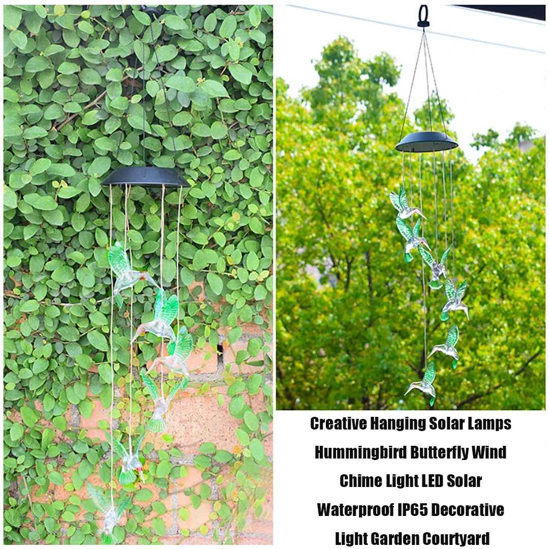 Lampade solari a sospensione creative Colibrì Farfalla Carillon di vento Luce LED solare impermeabile IP65 Luce decorativa Cortile da giardino