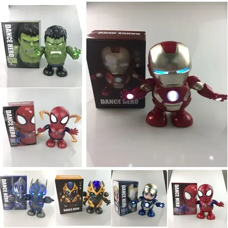 Hot 19cm Marvel Iron Man Dance Action Anime Figures Sing Sound Led Spiderman Avengers Ironman Super Heros Robot Baby Kids Gifts