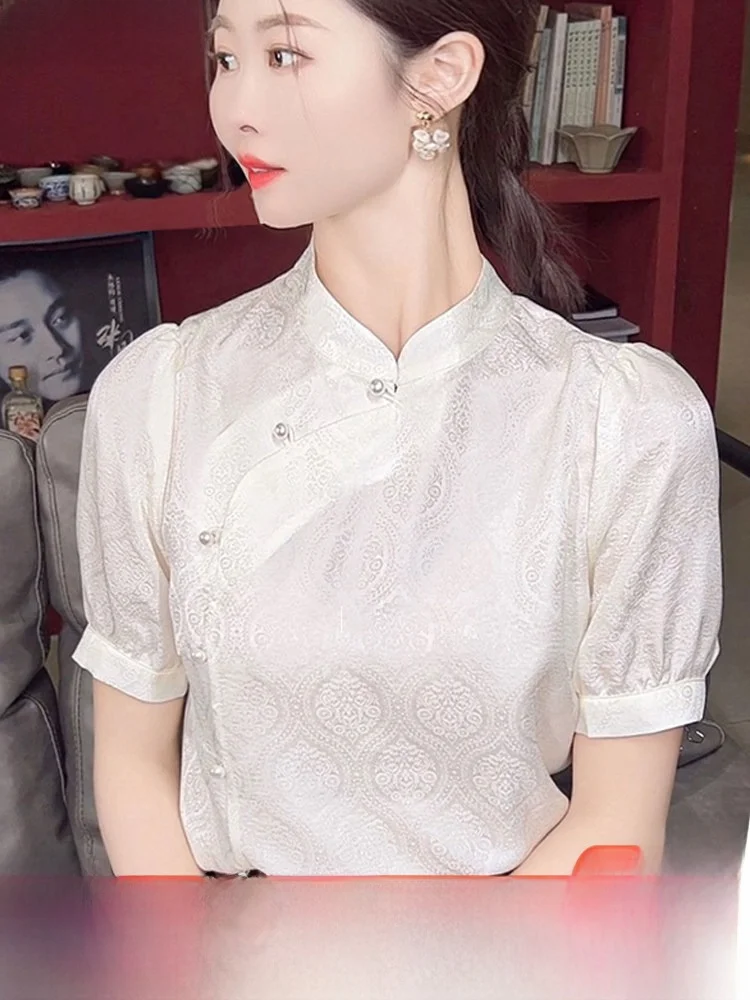 

Ele New Chinese Sle Silk irt Women's ort Sve Top Floral Embroidery High-End Feeling Straight Cut Commute Faion