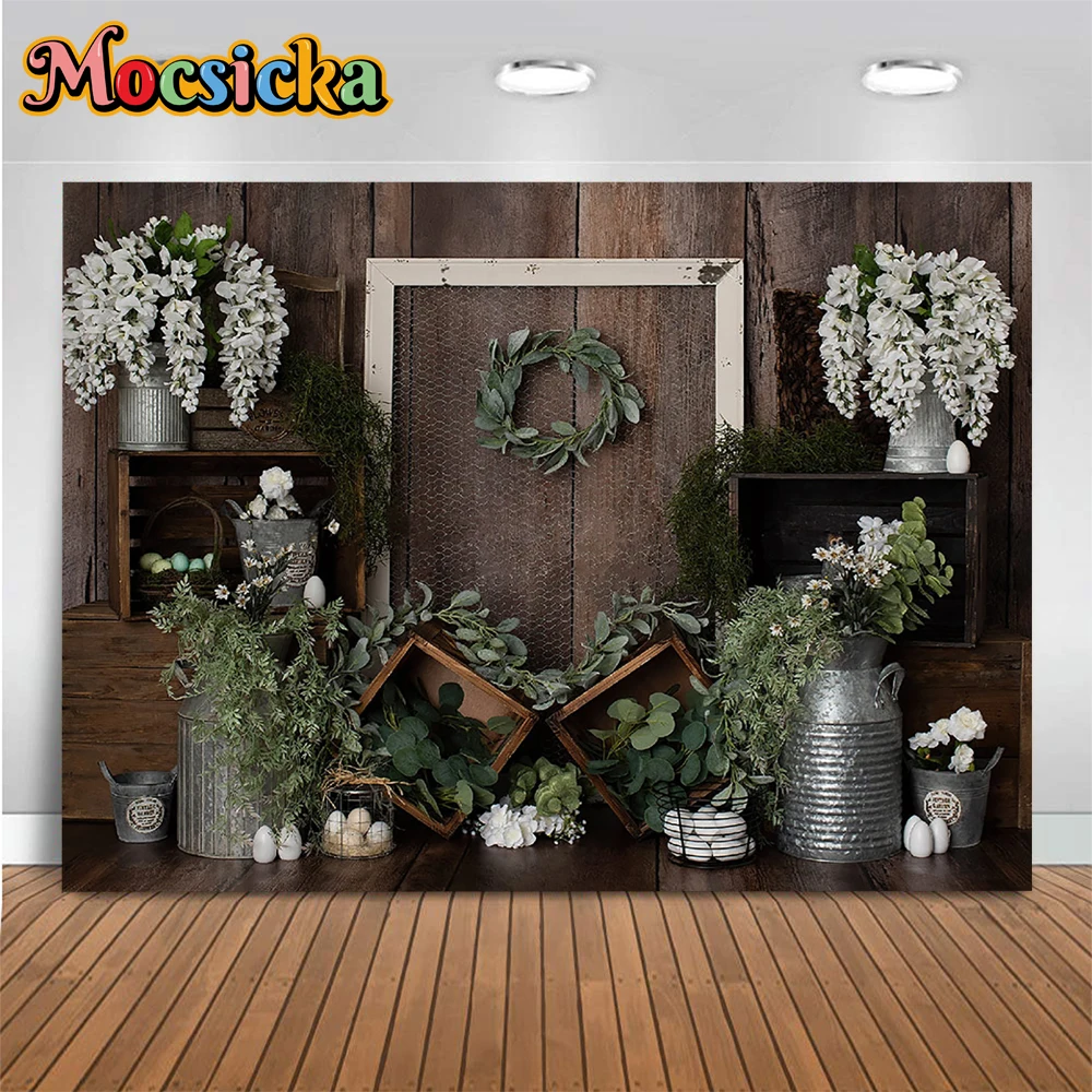 Spring Rustic Wooden House Interior Backdrop Garland Floral Green Leaves Background Photo Booth Kids Family Portrait Studio Prop