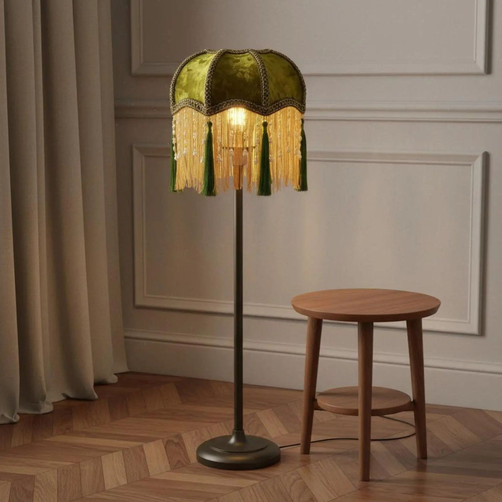 Fabric Lamp Shade Velvet Tassels Vintage Lampshade Round Lighting Cover for Living Room Floor Lamp