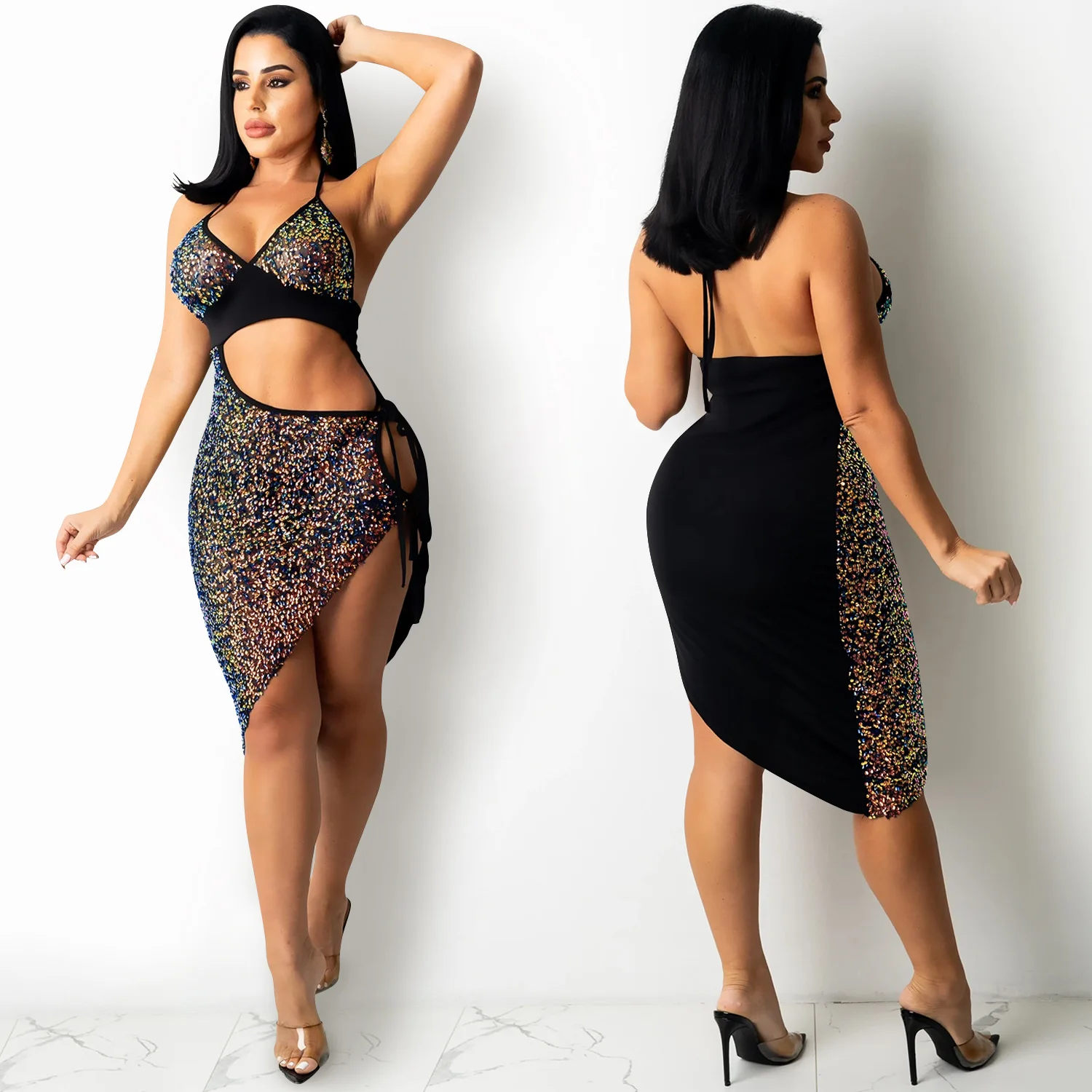 Sexy C5309 Strapl ort Dr Découpes scintillantes Ele imprimé à pois Pas d'échange Pas de retour Wi Faion transfrontalier