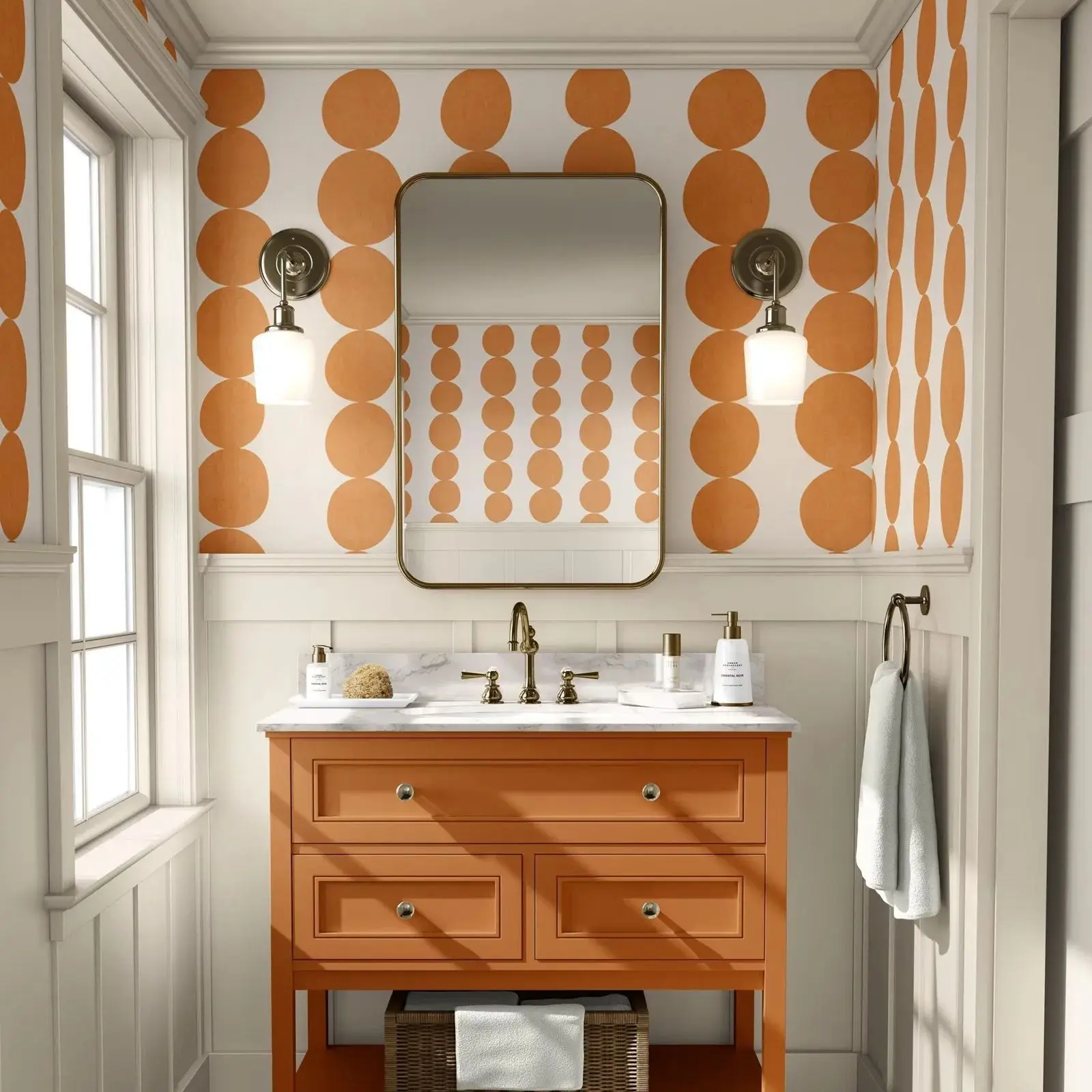 

Orange Retro Pebble Stripe Wallpaper,Geometric Shapes Wall Paper For Fun Mid Century Walls, Self-adhesive Or Tradition Non Woven