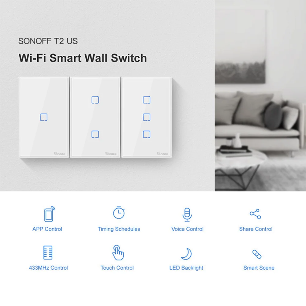 SONOFF T2/T3 US Wi-Fi Smart Wall Touch Switch 1/2/3Gang Voice 433MHz RF Control for Smart Life Work with Alexa Google Home