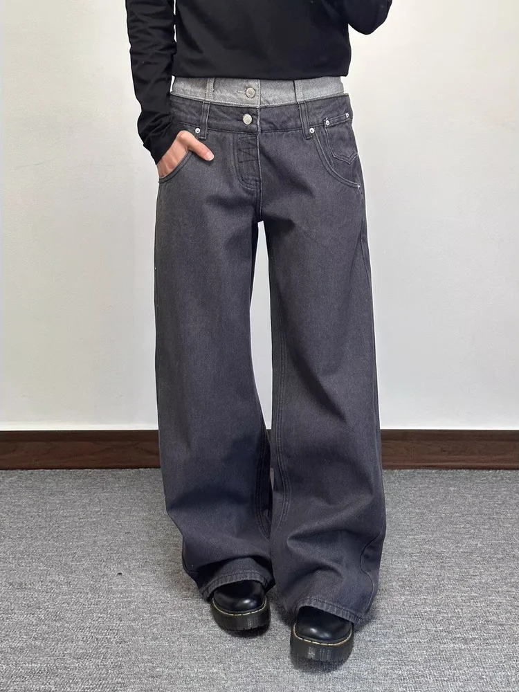 

Retro American Double Waist Contrast Color Waed Straight Leg Jeans Loose Casual Trousers for Men And Women Autumn Winter Tr...