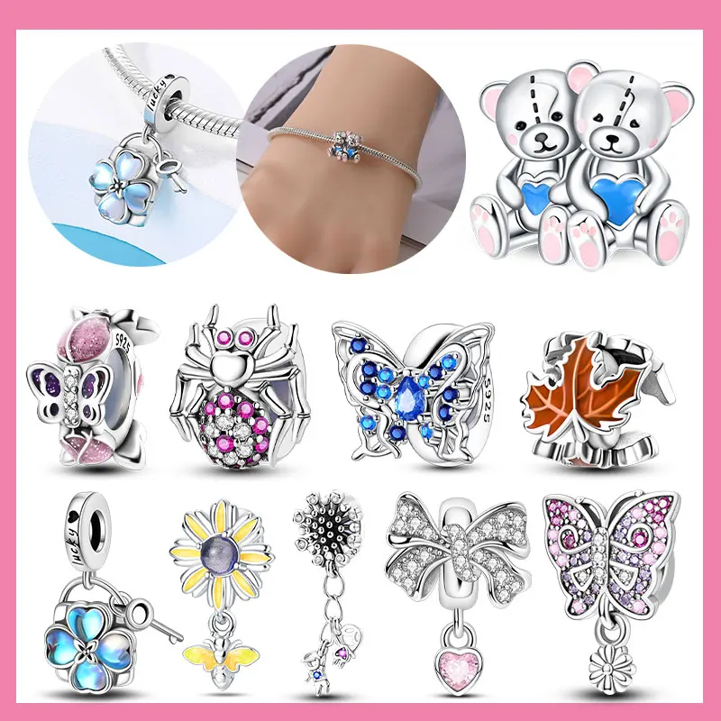 

Charms Silver 925 Butterfly Spider Couple Bears Heart Maple Leaf Clip Charm Spacer Beads Fit Bracelet DIY Women Original Jewelry