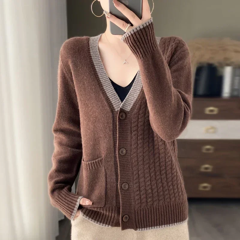 Autumn Winter Sweater Cardigan Women Loose Casual Long Sleeve Top V-Neck Buckle  Cardigan Female Knitted Tops Color Collision