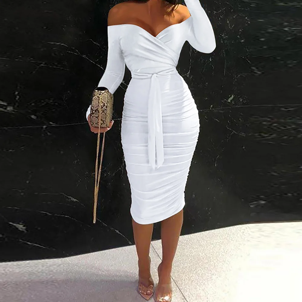 2022 Spring Women Elegant Dress Polkadot Print Ruffles Scarf Off Shoulder Ruched Belted Bodycon Dresses Plus Size White Vestidos