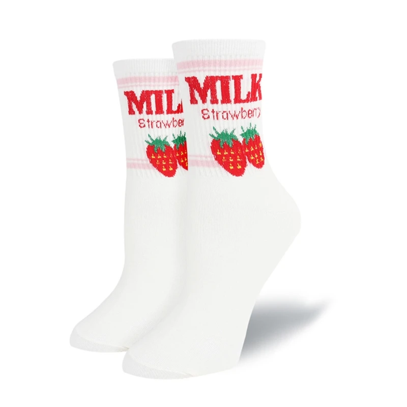 Calcetines dulces para mujer, calcetines divertidos y bonitos color crema calcetines con fresas y leche para