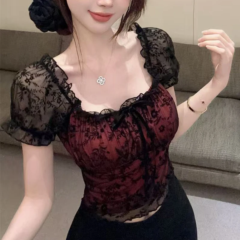 

Fashion Spicy Girl Lace Tops Sweet Short Sleeve Casual Shirt Slim Square Neck Summer Short Design Women T-shirt