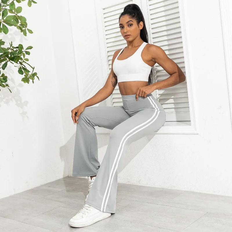 High Waisted Sports Pants with Two Bars Fitness Running Extended Yoga Pants Slimming Slimming Casual Micro Flared Wide Leg Pants