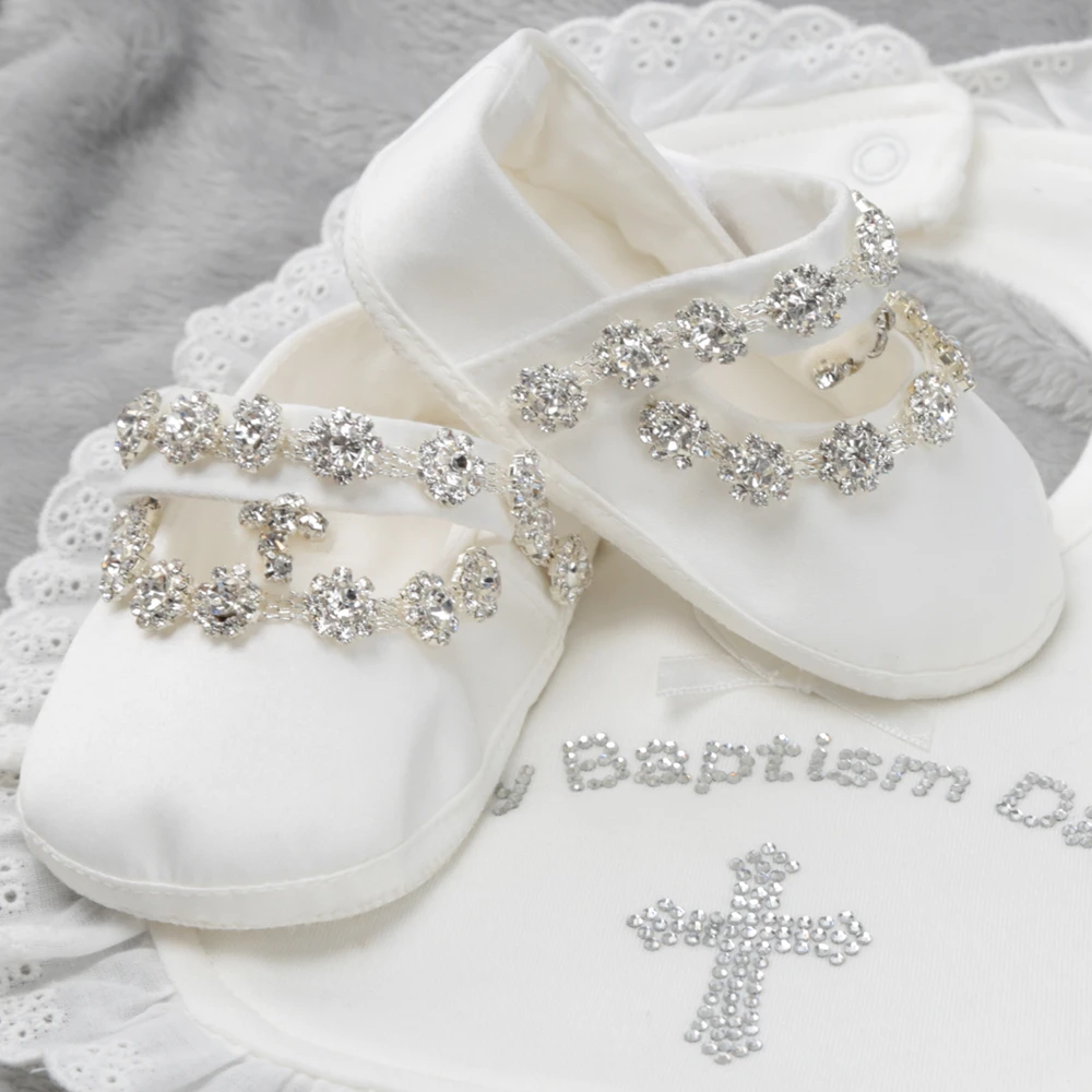 Dollbling Pure White Baby Christening Baptism Ablution Occasion Rhinestone Bling Crystal Hook and Loop Baby Infant Newborn Shoes