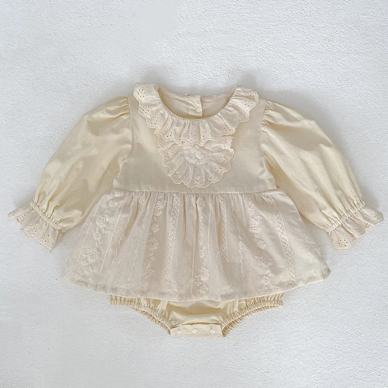 Baby-Mädchen-Strampler im Vintage-Stil mit Spitze, Rüschenkragen, langen Ärmeln, Baumwollrock mit Stickerei, Body, Neugeborenen- und Säuglings-Prinzessinnen-Outfit, 0–24 Monate. – Detail 5