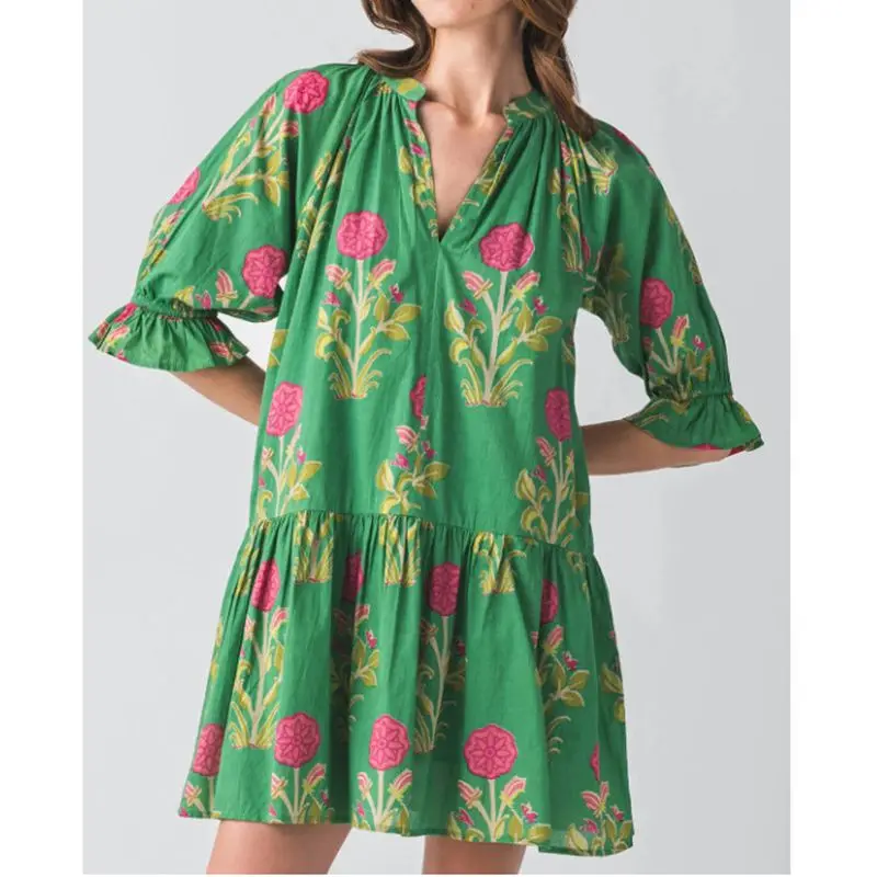 Combhasaki Donna Boho con volant svasato mezza manica scollo a V Y2K estetica stampa floreale vestibilità ampia mini abito corto a trapezio streetwear