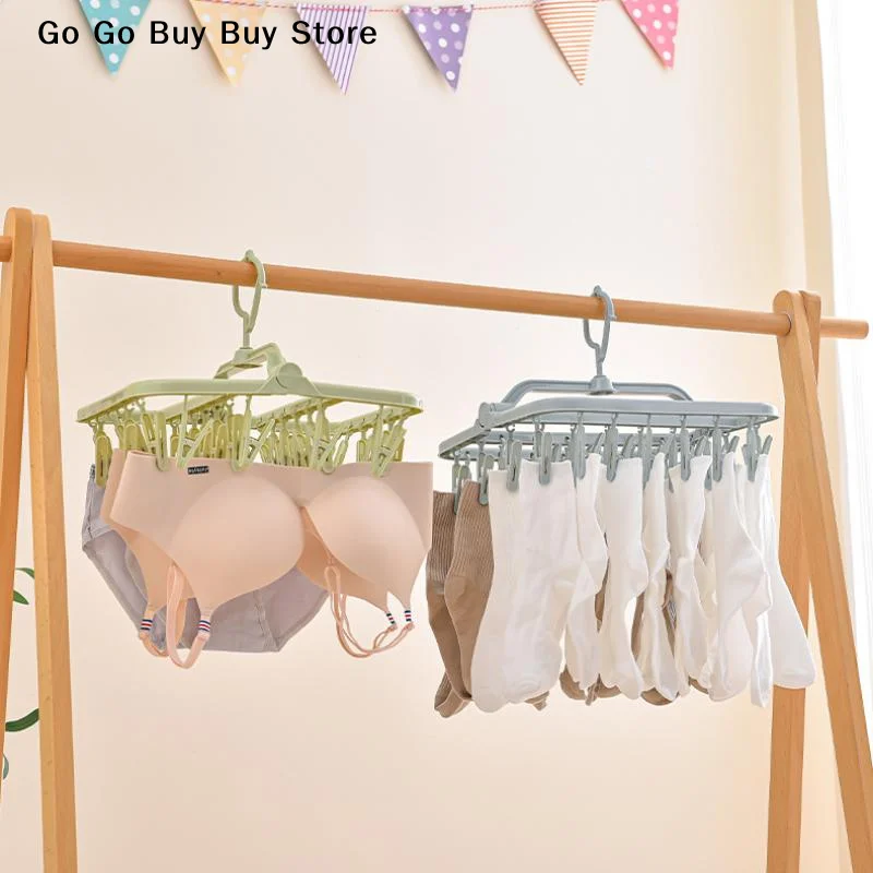 【S】Foldable Plastic Laundry Drying Rack With 32 Clips 360 Rotating Hook For Drying Socks Underwear Small Clothes At Home Dorm