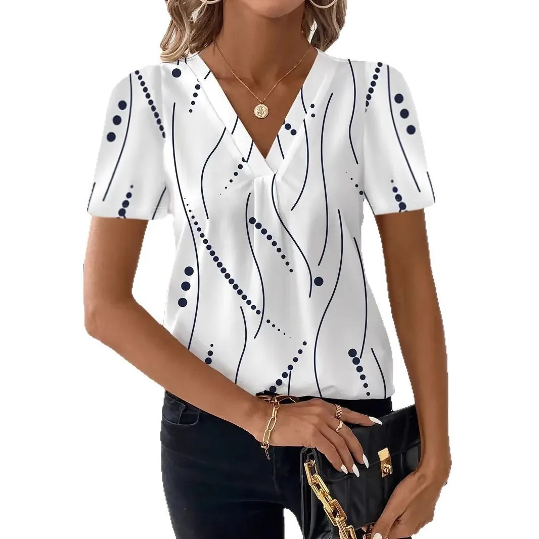 

2025 Summer New Women Fashion Blouses Casual Polka Dot Printed V-Neck Short Sleeve Tops Casual Loose Pullover Office Lady Shirts