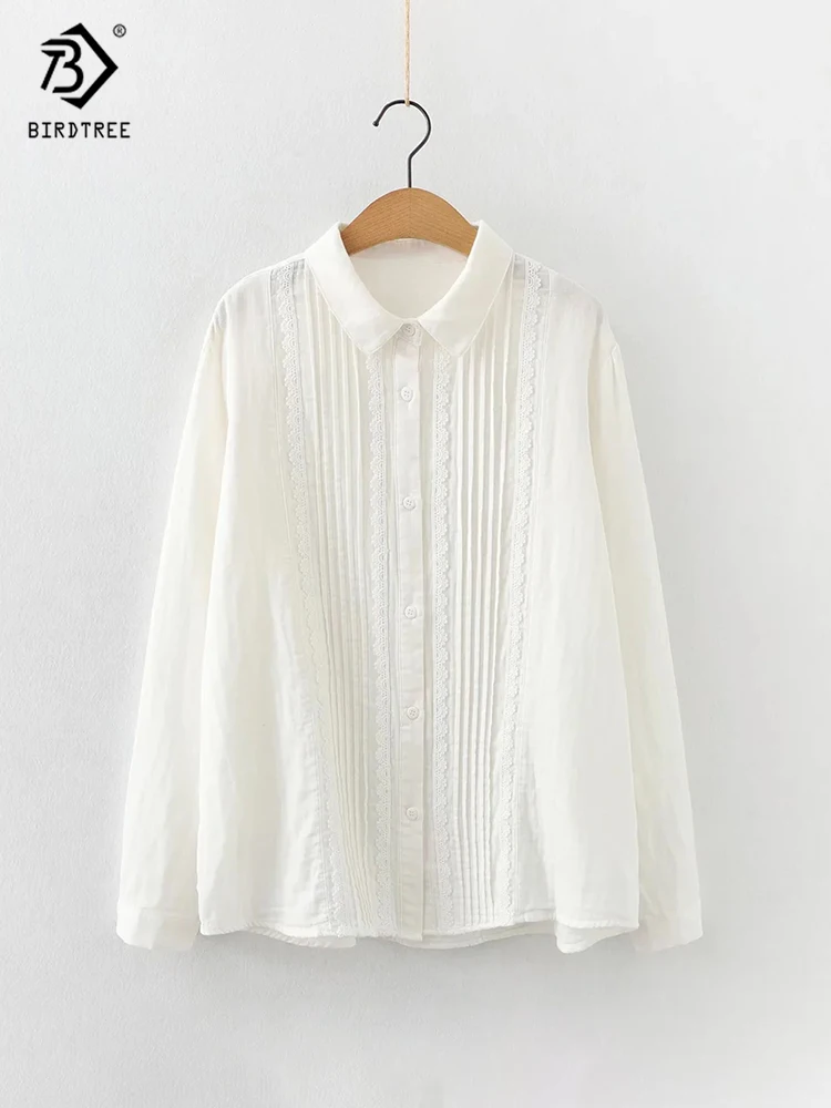 2022 Autumn New Women White Cotton Shirt Lace Causal Fulll Sleeve Solid Turn-Down Collar Blouse Vintage Office Wear Basic Tops